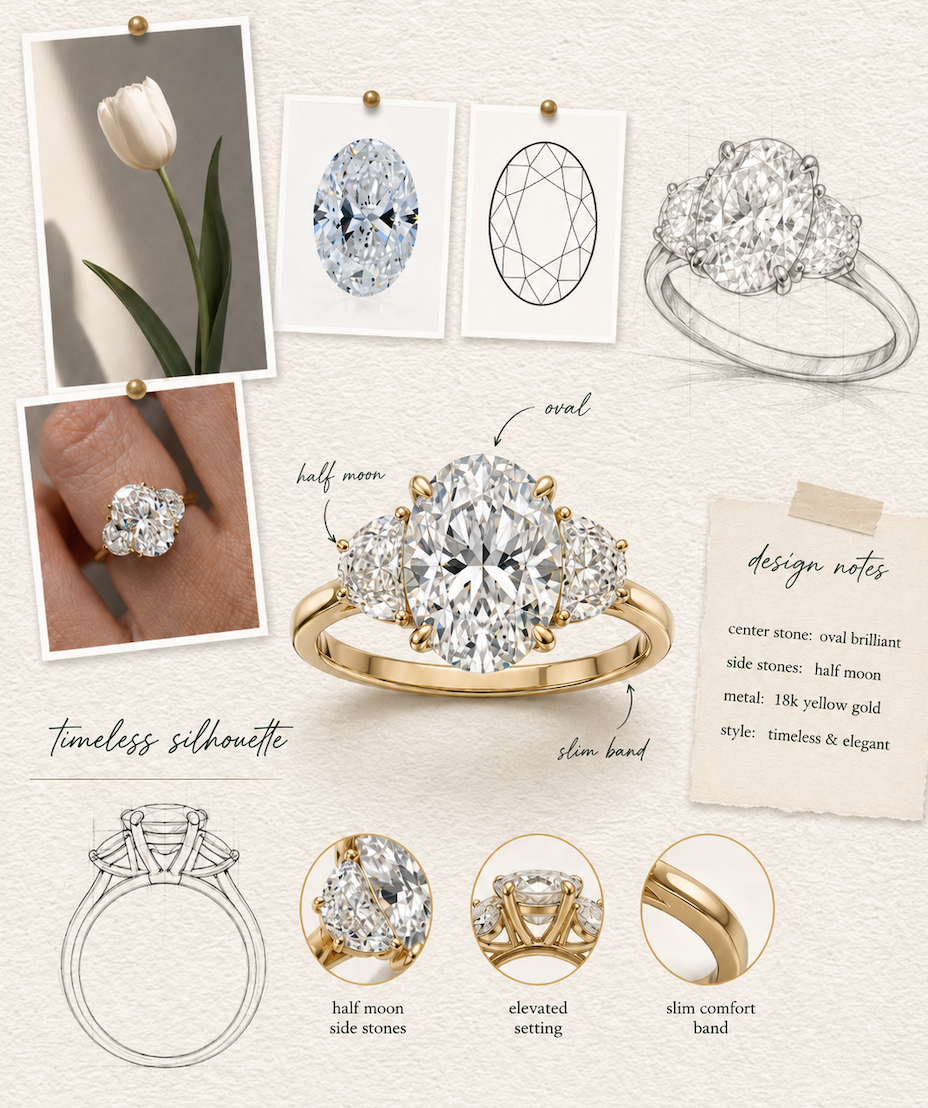 Bespoke oval diamond engagement ring mood board featuring half-moon side stones, an 18k yellow gold setting and hand-drawn design details.
